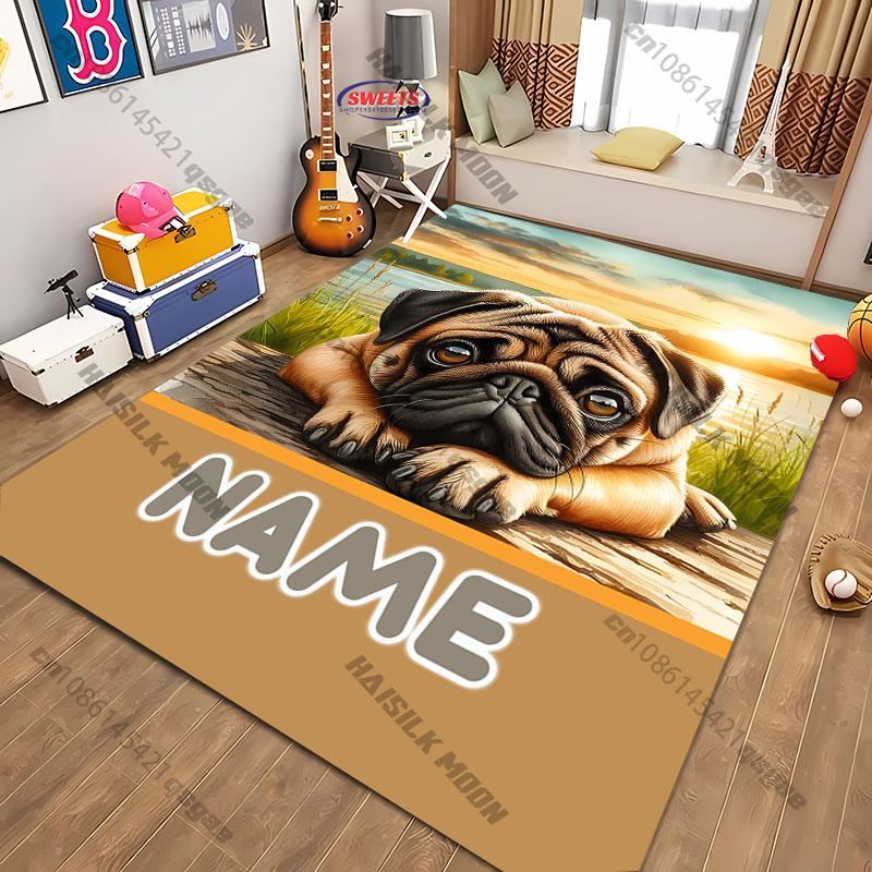 Home Bathroom Name - Kişiselleştirilmiş Pug Köpek Alan Halısı, Özel
